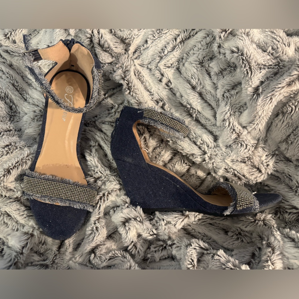 Navy Wedge Sandals with Bling Ankle Strap